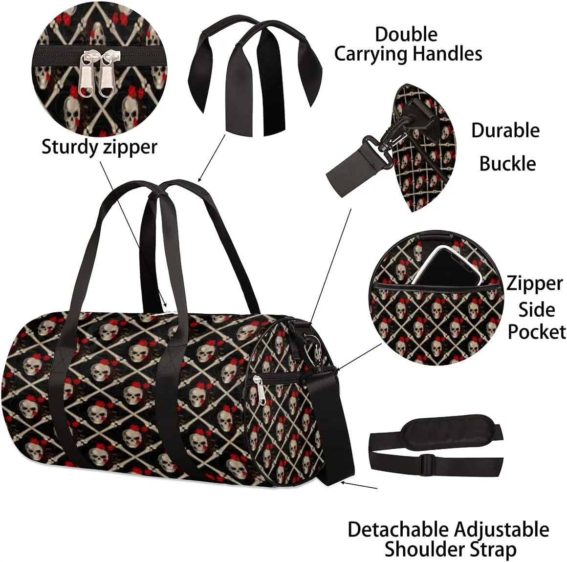 Skull Black Rose Gym Bag Small Gym Duffel Bags for Men Women Black Overnight Weekender Bag Lightweight Sport Duffle Bag Carry On Gymbag