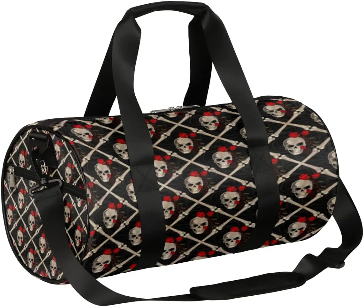 Skull Black Rose Gym Bag Small Gym Duffel Bags for Men Women Black Overnight Weekender Bag Lightweight Sport Duffle Bag Carry On Gymbag