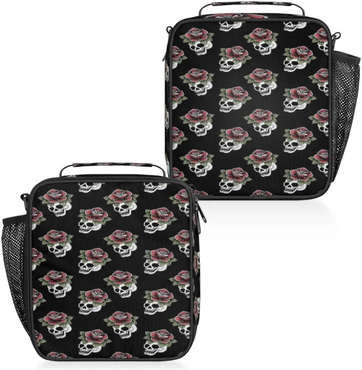 Skull Flower Black Insulated Lunch Bag Reusable Waterproofing Lunch Box with Shoulder Strap Handle and Water Bottle Net Bag for Travel Camping Beach Picnic