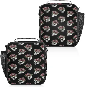Skull Flower Black Insulated Lunch Bag Reusable Waterproofing Lunch Box with Shoulder Strap Handle and Water Bottle Net Bag for Travel Camping Beach Picnic