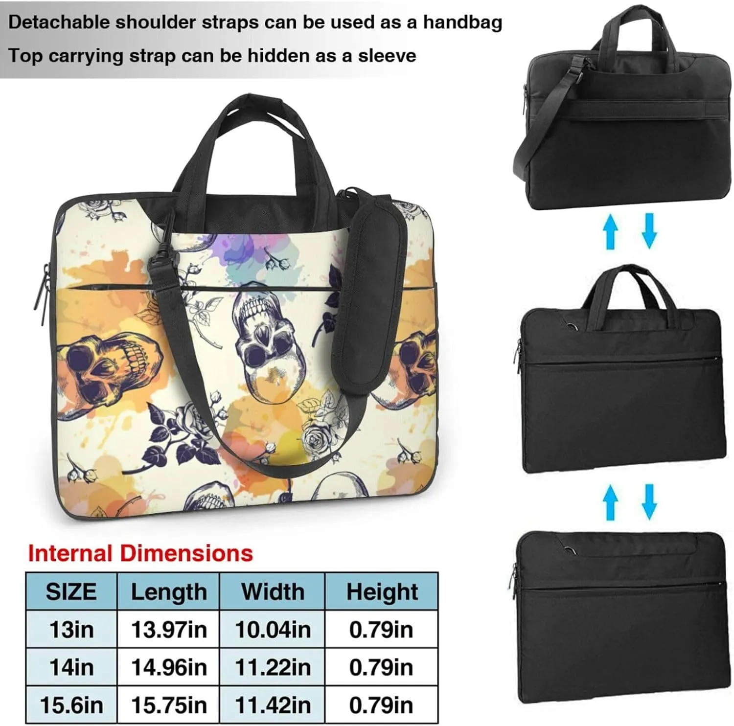 Skull flower Print Work Casual Office Laptop Shoulder Messenger Bag 13 inch 14 inch 15.6 inch