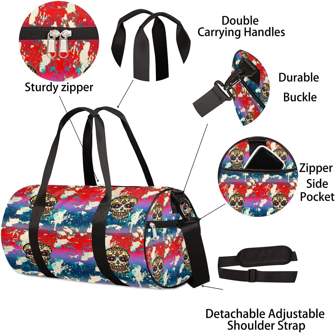 Skull Mexican Art Gym Bag Small Gym Duffel Bags for Men Women Overnight Weekender Bag Lightweight Sport Duffle Bag Carry On Gymbag