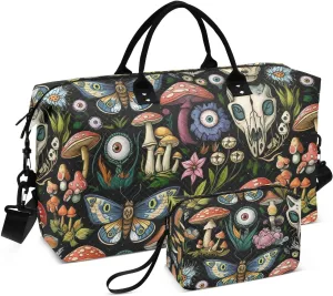 Skull Mushrooms Eyeball Black Sports Gym Bag for Women Men Travel Duffel Bag Weekend Overnight Carry on Bag with Toiletry Bag Yoga Bag for Plane Hospital Swimming Yoga Workout