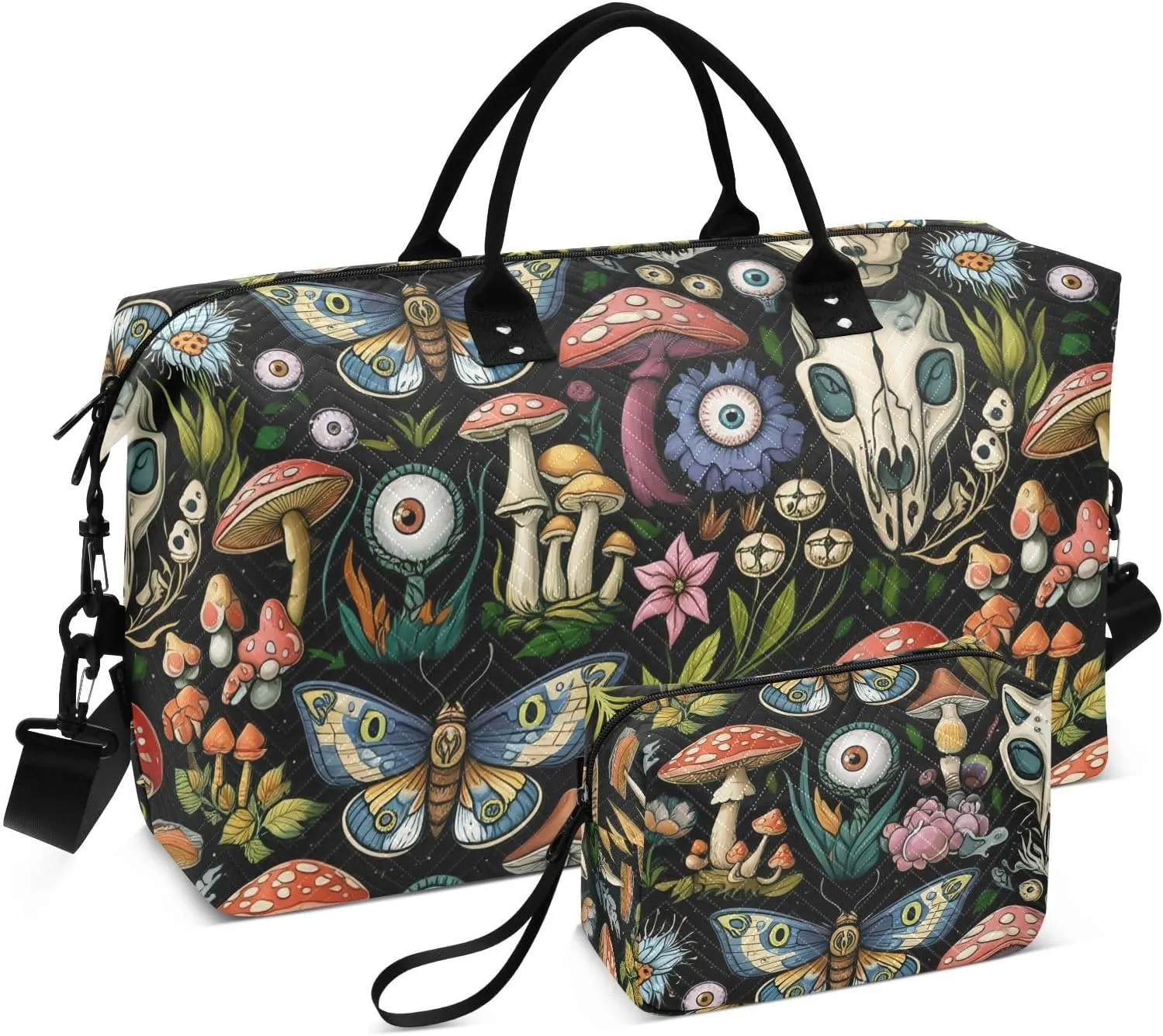 Skull Mushrooms Eyeball Black Sports Gym Bag for Women Men Travel Duffel Bag Weekend Overnight Carry on Bag with Toiletry Bag Yoga Bag for Plane Hospital Swimming Yoga Workout