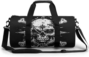 Skull Navigation Bones Compass Gym Bag for Men Women Cylindrical Gym Duffle Bags Travel Sports Carryon Gymbag 17.7in/9in/9in