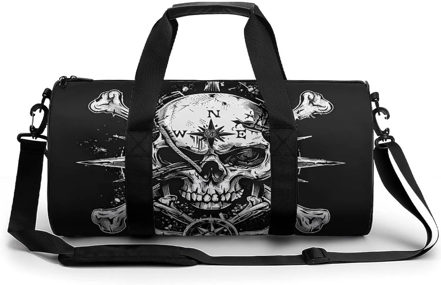 Skull Navigation Bones Compass Gym Bag for Men Women Cylindrical Gym Duffle Bags Travel Sports Carryon Gymbag 17.7in/9in/9in