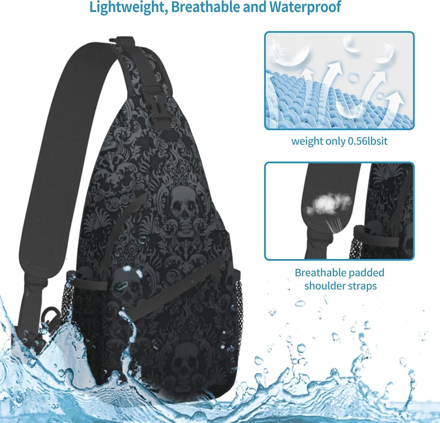 Skull Sling Bag,Victorian Gothic Sling Backpack Black Crossbody Bag Men Casual Shoulder Daypack for Women Men Lightweight Travel Hiking Gym