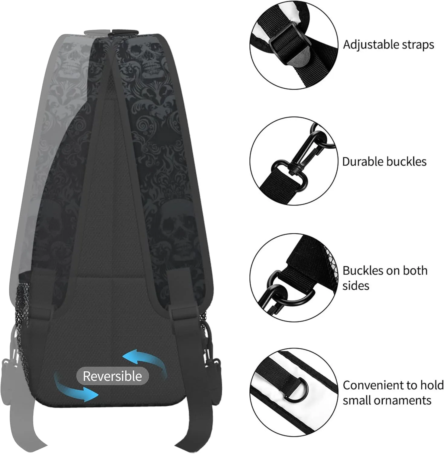 Skull Sling Bag,Victorian Gothic Sling Backpack Black Crossbody Bag Men Casual Shoulder Daypack for Women Men Lightweight Travel Hiking Gym