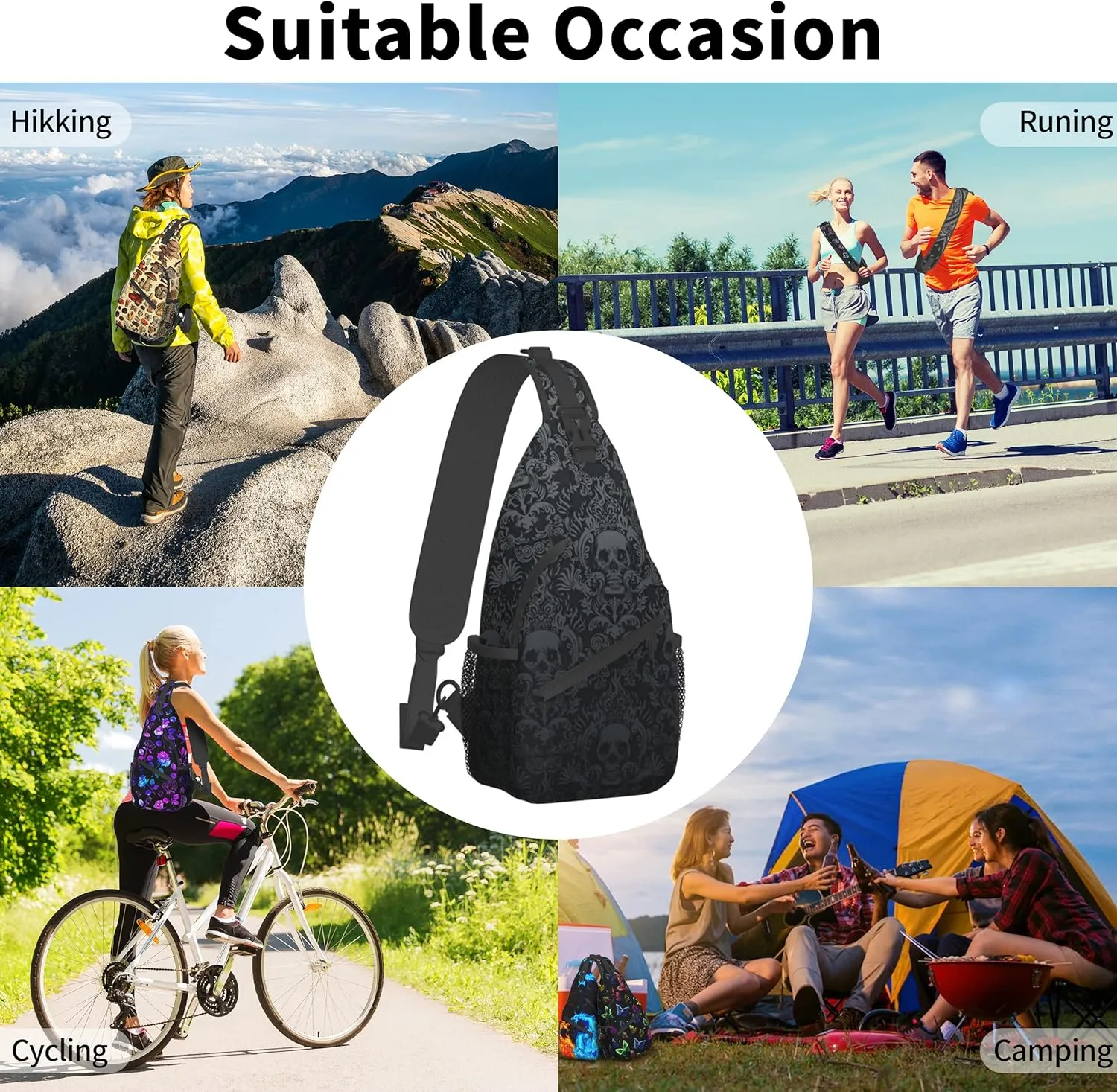 Skull Sling Bag,Victorian Gothic Sling Backpack Black Crossbody Bag Men Casual Shoulder Daypack for Women Men Lightweight Travel Hiking Gym