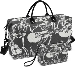 Skull Travel Duffle Bag Gym Bag, Black White Woodcut Skeletons Weekender Bags for Women with Toiletry Bag Travel Tote Bag Swim Bag