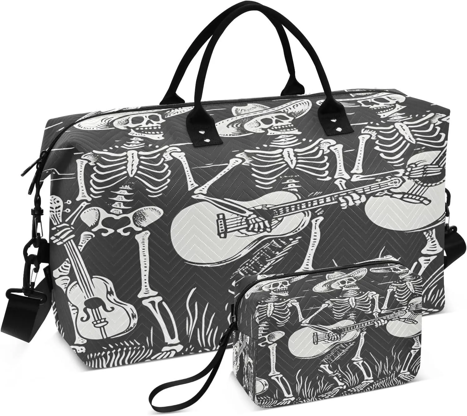 Skull Travel Duffle Bag Gym Bag, Black White Woodcut Skeletons Weekender Bags for Women with Toiletry Bag Travel Tote Bag Swim Bag