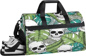 Skull Tropic Leaf Gym Bag for Women Men Sports Travel Duffel Bag Durable Weekend Overnight Bag with Shoe Compartment Waterproof Workout Duffle Bag for Travel Gym