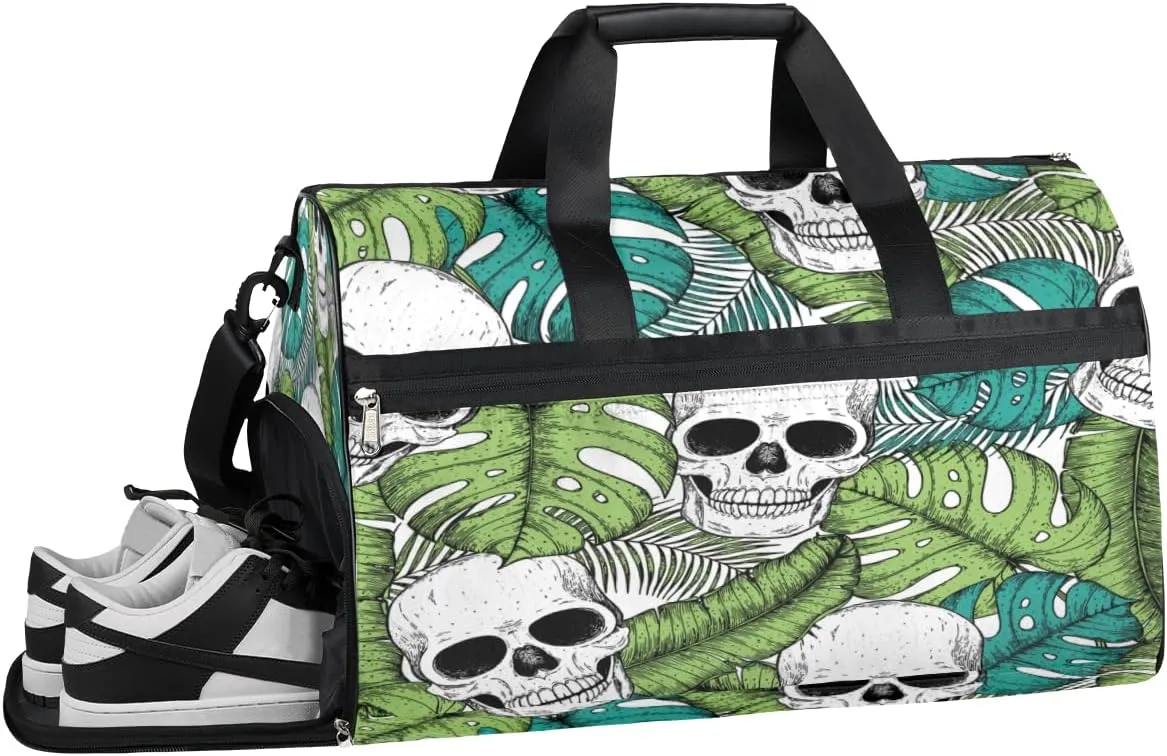 Skull Tropic Leaf Gym Bag for Women Men Sports Travel Duffel Bag Durable Weekend Overnight Bag with Shoe Compartment Waterproof Workout Duffle Bag for Travel Gym