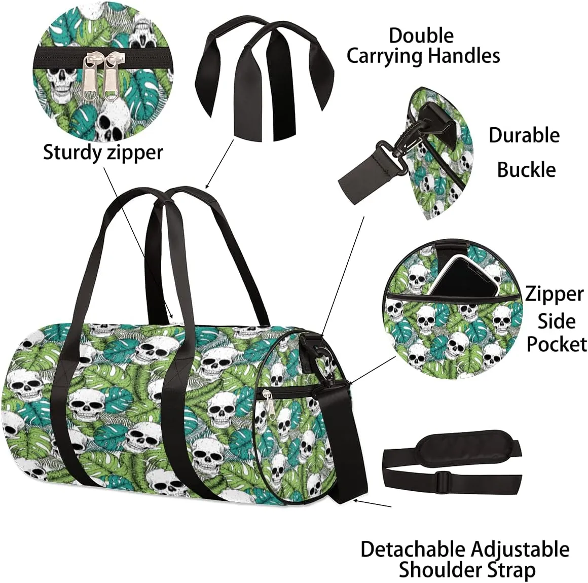Skull Tropic Leaf Gym Bag Small Gym Duffel Bags for Men Women Overnight Weekender Bag Lightweight Sport Duffle Bag Carry On Gymbag