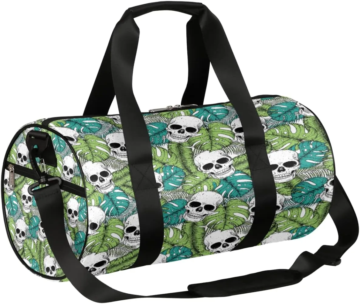 Skull Tropic Leaf Gym Bag Small Gym Duffel Bags for Men Women Overnight Weekender Bag Lightweight Sport Duffle Bag Carry On Gymbag