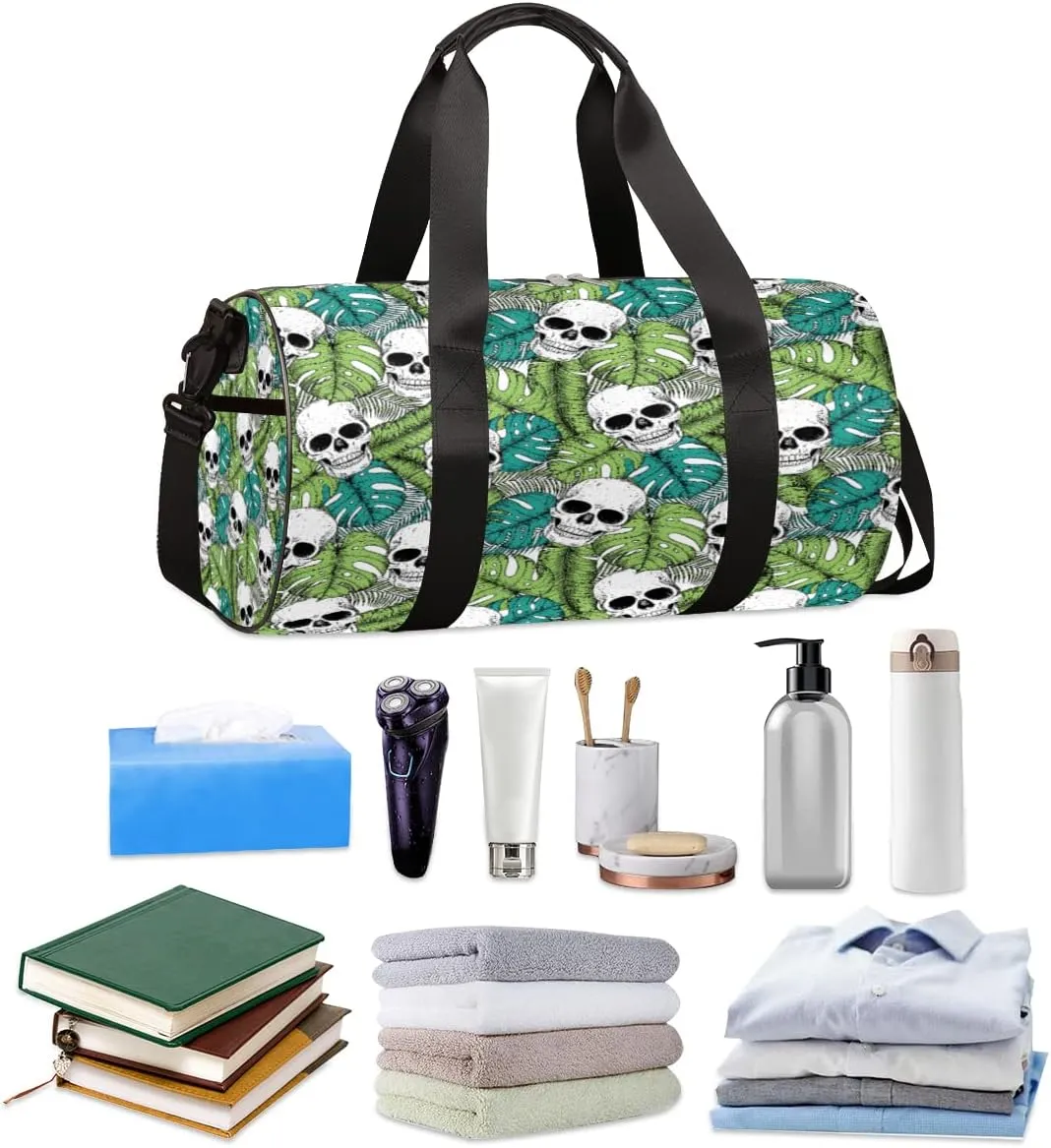 Skull Tropic Leaf Gym Bag Small Gym Duffel Bags for Men Women Overnight Weekender Bag Lightweight Sport Duffle Bag Carry On Gymbag