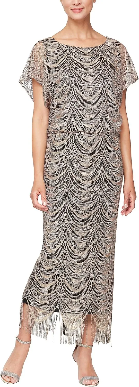 S.L. Fashions Women's Metallic Crochet Dress with Fringe Hemline