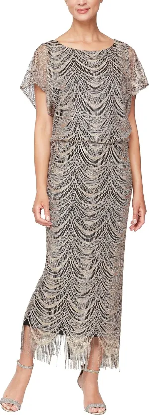 S.L. Fashions Women's Metallic Crochet Dress with Fringe Hemline