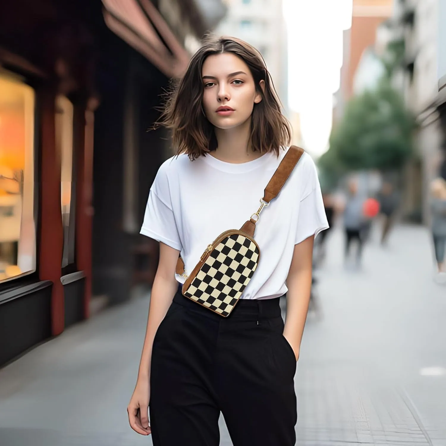 Sling Bag Crossbody Bags For Women Plaid Striped Fanny Packs Chest Bag for Work Shopping