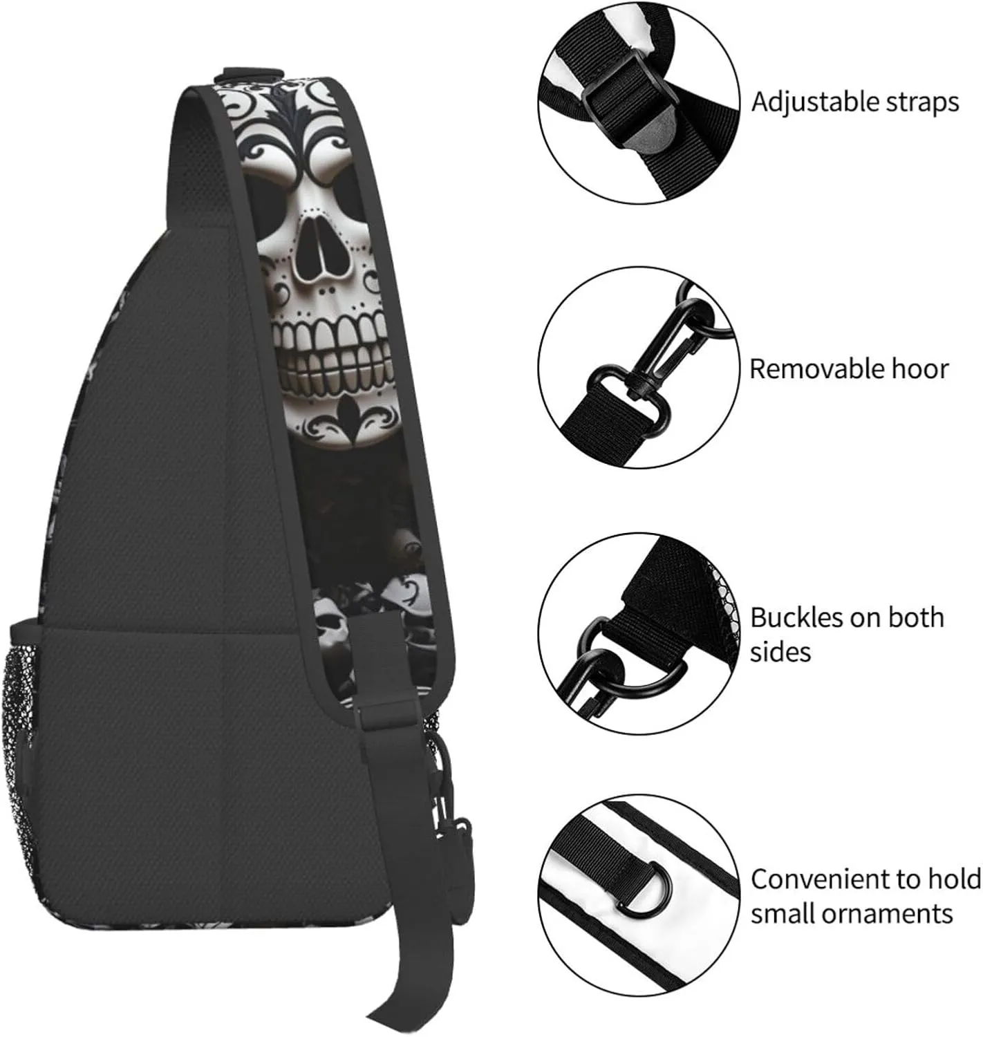 Sling Bag for Women Men Crossbody Bag Small Sling Backpack Black and white skulls Chest Bag Hiking Daypack