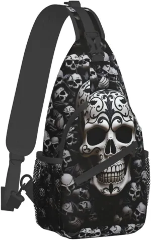 Sling Bag for Women Men Crossbody Bag Small Sling Backpack Black and white skulls Chest Bag Hiking Daypack
