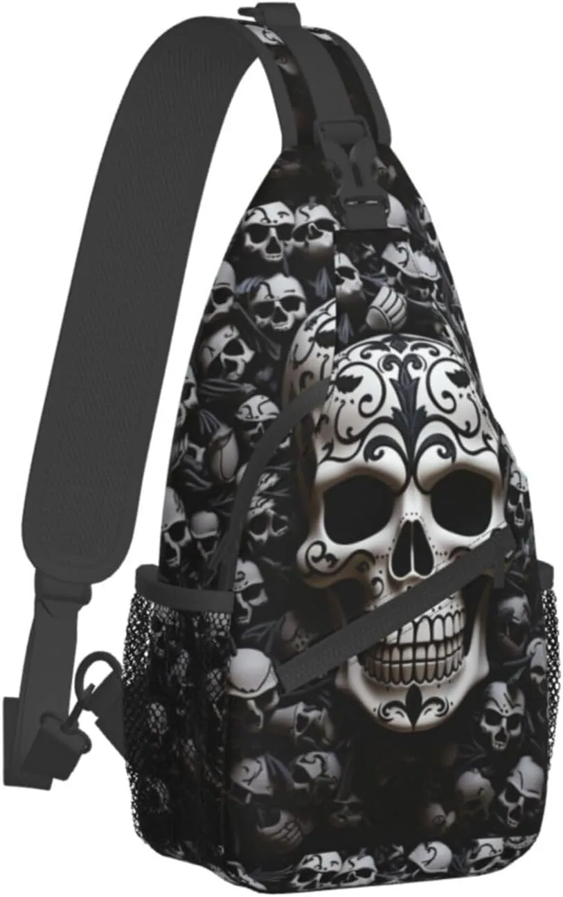 Sling Bag for Women Men Crossbody Bag Small Sling Backpack Black and white skulls Chest Bag Hiking Daypack