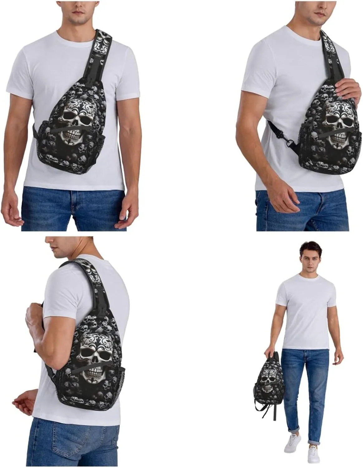 Sling Bag for Women Men Crossbody Bag Small Sling Backpack Black and white skulls Chest Bag Hiking Daypack