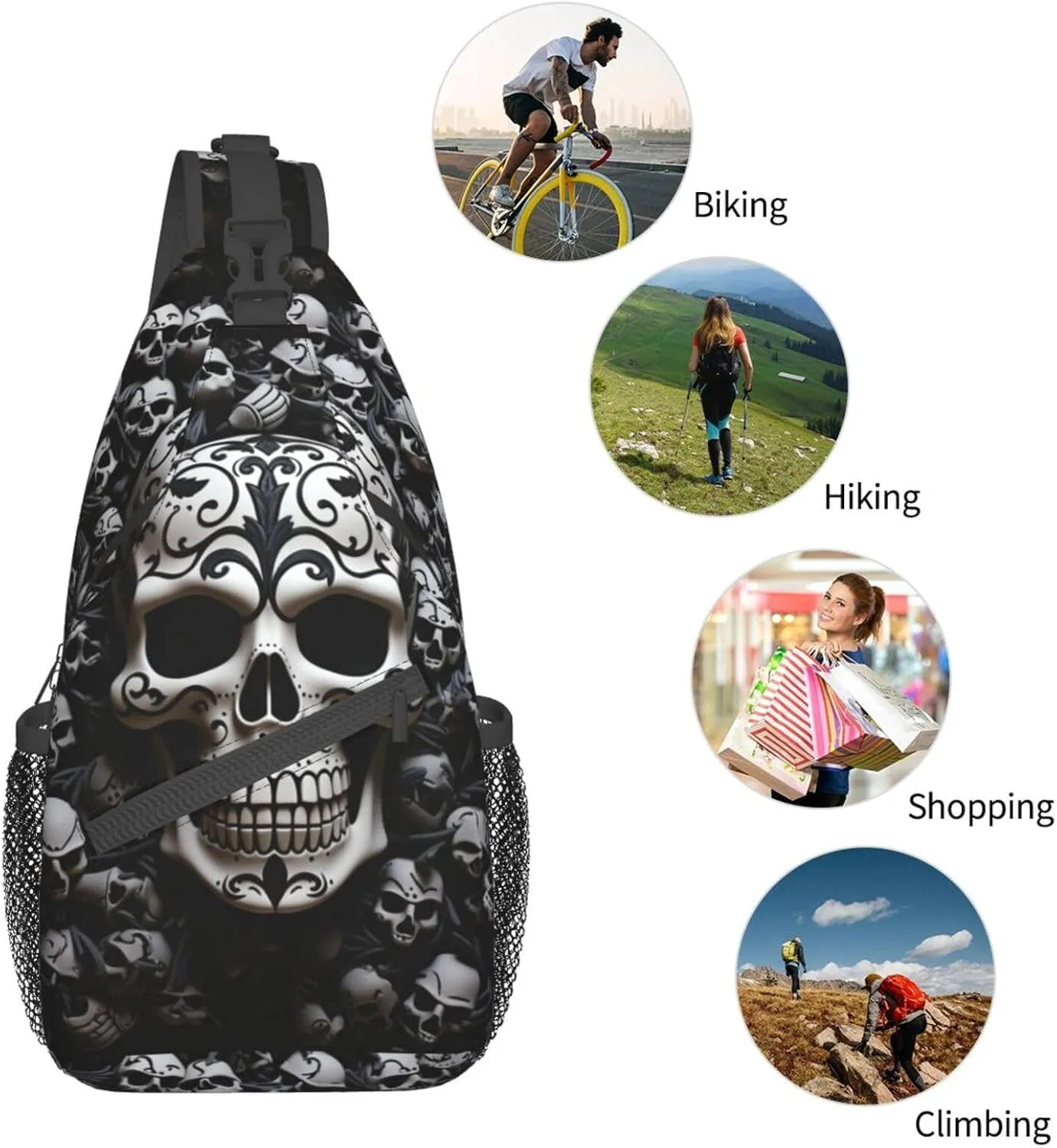 Sling Bag for Women Men Crossbody Bag Small Sling Backpack Black and white skulls Chest Bag Hiking Daypack