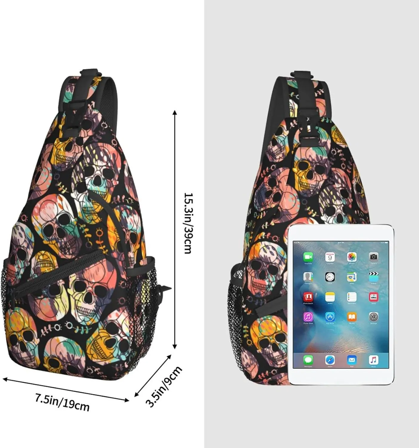 Sling Bag Skull Flowers Crossbody Backpack for Women Men Hiking Travel Over the Shoulder Pouch Small Daypack Casual One Strap Pack Lightweight Cross Chest Bag Purse Outdoor Cycling