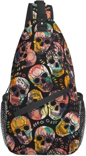 Sling Bag Skull Flowers Crossbody Backpack for Women Men Hiking Travel Over the Shoulder Pouch Small Daypack Casual One Strap Pack Lightweight Cross Chest Bag Purse Outdoor Cycling