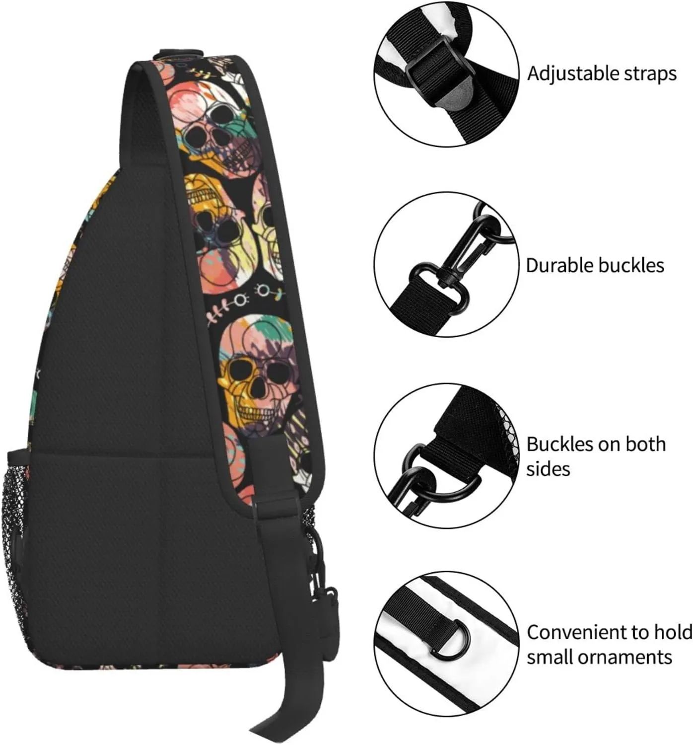 Sling Bag Skull Flowers Crossbody Backpack for Women Men Hiking Travel Over the Shoulder Pouch Small Daypack Casual One Strap Pack Lightweight Cross Chest Bag Purse Outdoor Cycling