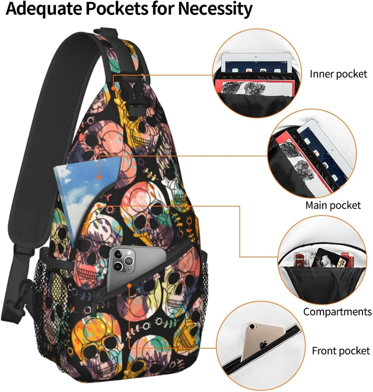 Sling Bag Skull Flowers Crossbody Backpack for Women Men Hiking Travel Over the Shoulder Pouch Small Daypack Casual One Strap Pack Lightweight Cross Chest Bag Purse Outdoor Cycling