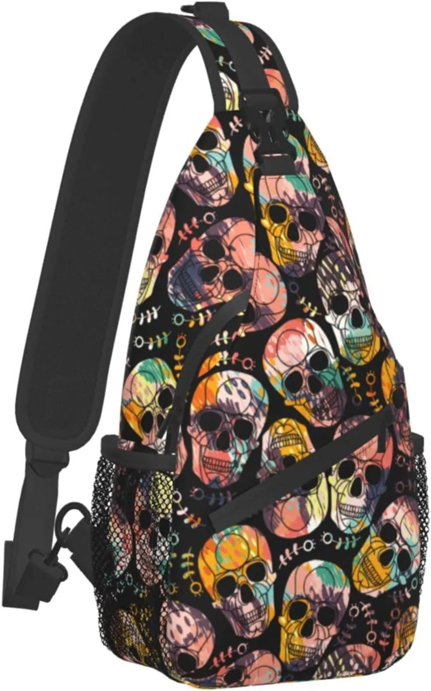 Sling Bag Skull Flowers Crossbody Backpack for Women Men Hiking Travel Over the Shoulder Pouch Small Daypack Casual One Strap Pack Lightweight Cross Chest Bag Purse Outdoor Cycling