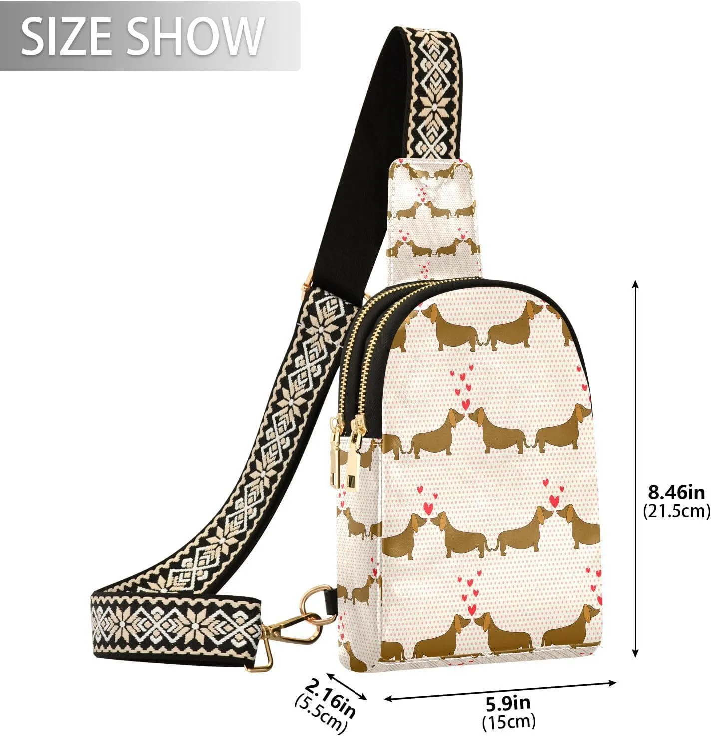 Small Sling Bag for Women Black Cats with Hearts Trendy Crossbody Bag Fanny PackValentine Love Leather Chest Bag