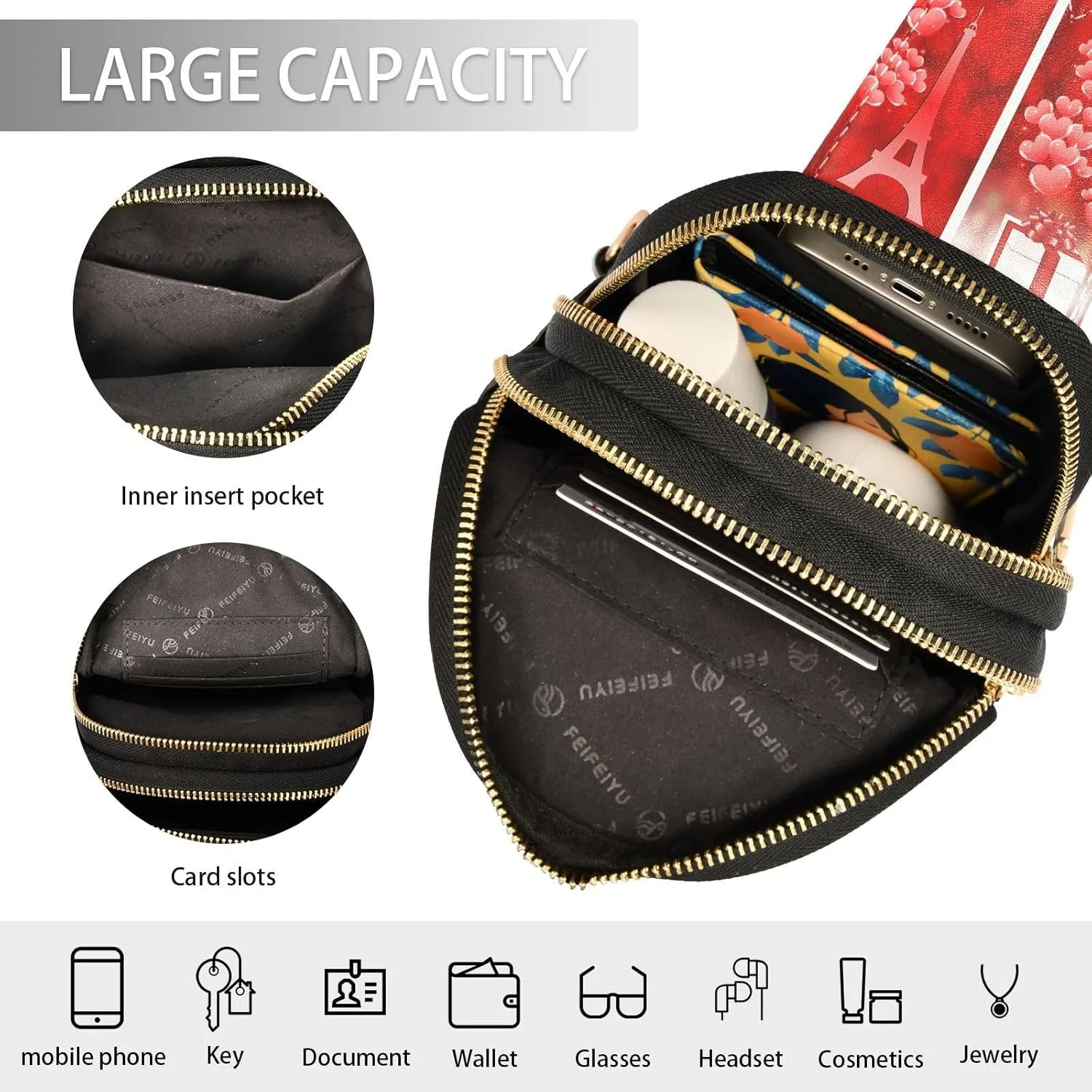 Small Sling Bag for Women Black Cats with Hearts Trendy Crossbody Bag Fanny PackValentine Love Leather Chest Bag