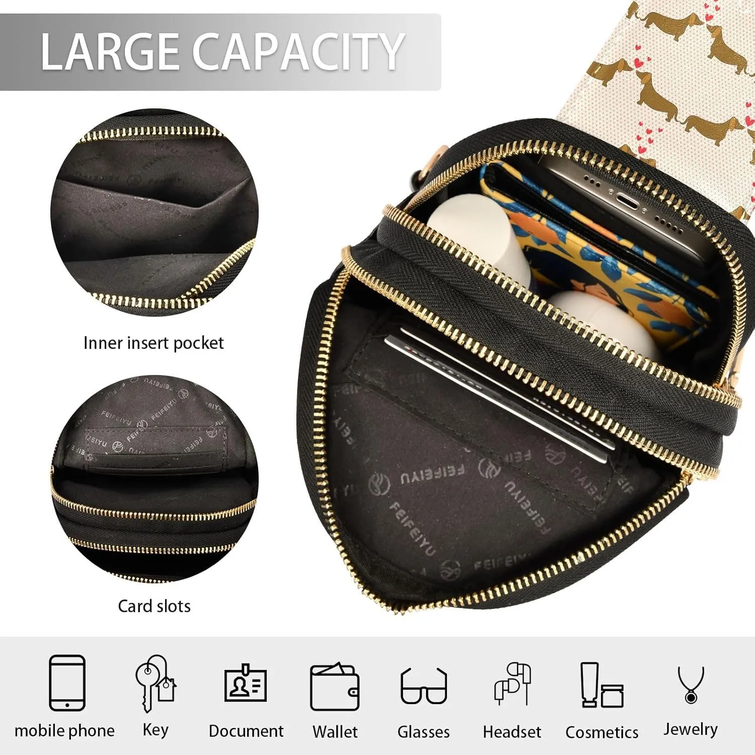 Small Sling Bag for Women Black Cats with Hearts Trendy Crossbody Bag Fanny PackValentine Love Leather Chest Bag
