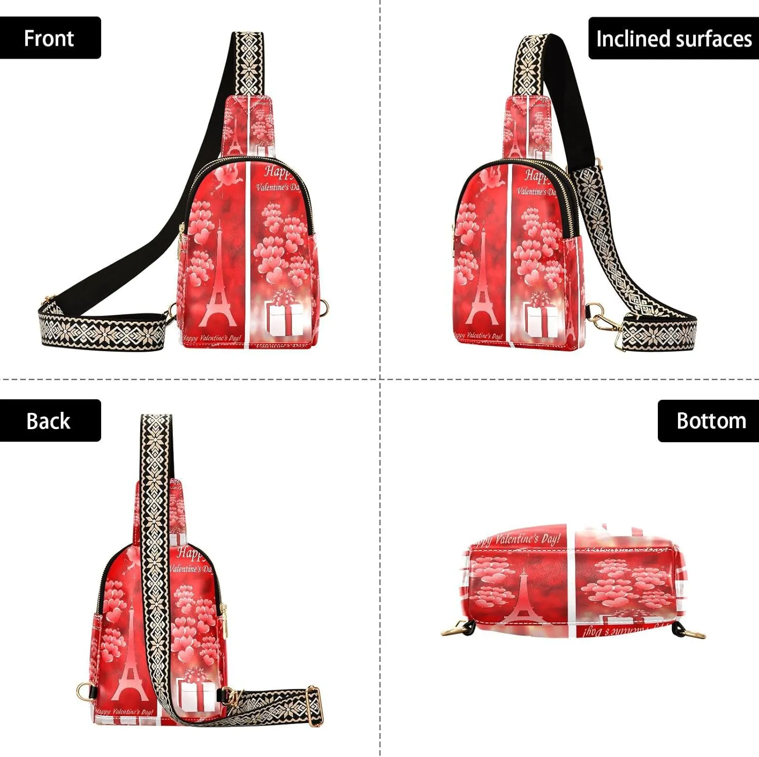 Small Sling Bag for Women Black Cats with Hearts Trendy Crossbody Bag Fanny PackValentine Love Leather Chest Bag