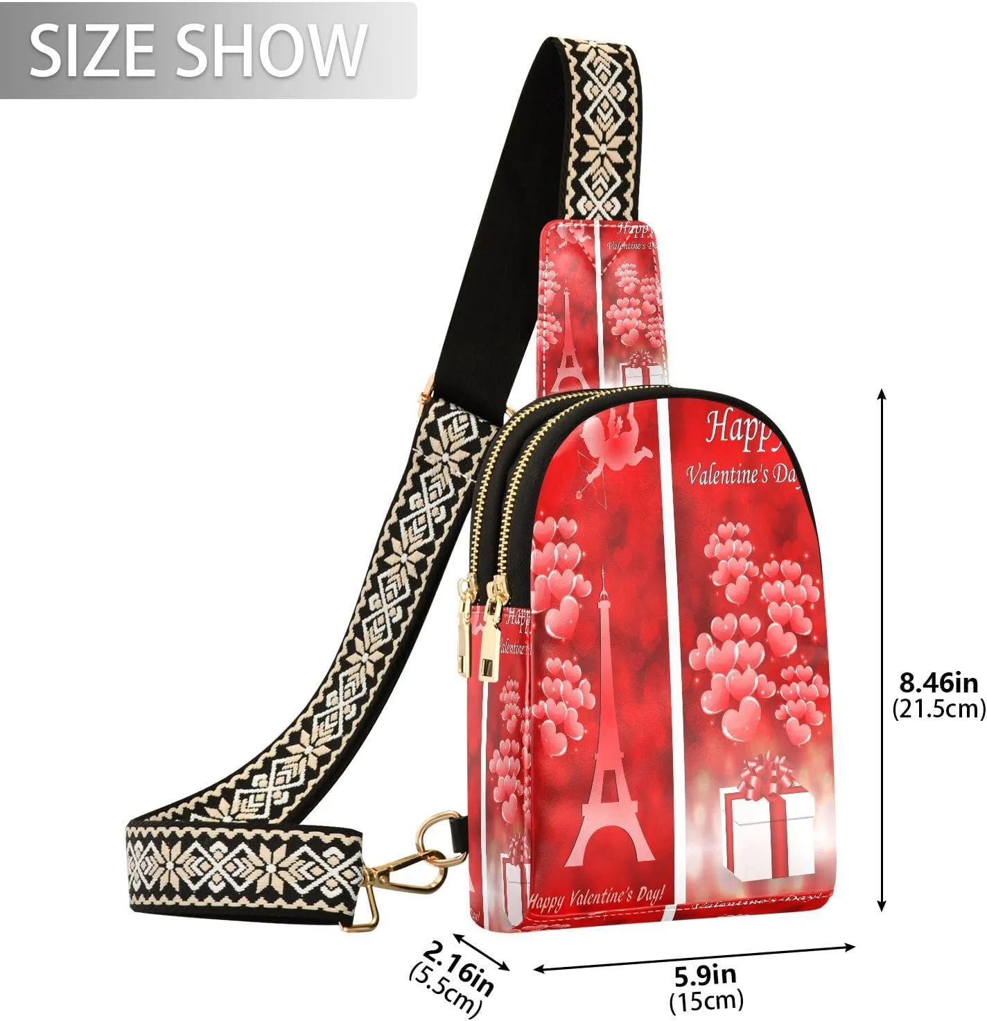 Small Sling Bag for Women Black Cats with Hearts Trendy Crossbody Bag Fanny PackValentine Love Leather Chest Bag