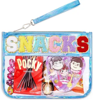 Snack Bag for kids,Clear Snack Pouches for Travel,Chenille Letter Bag,Holographic PU Leather Bags for Women Girls,Cute (Blue)