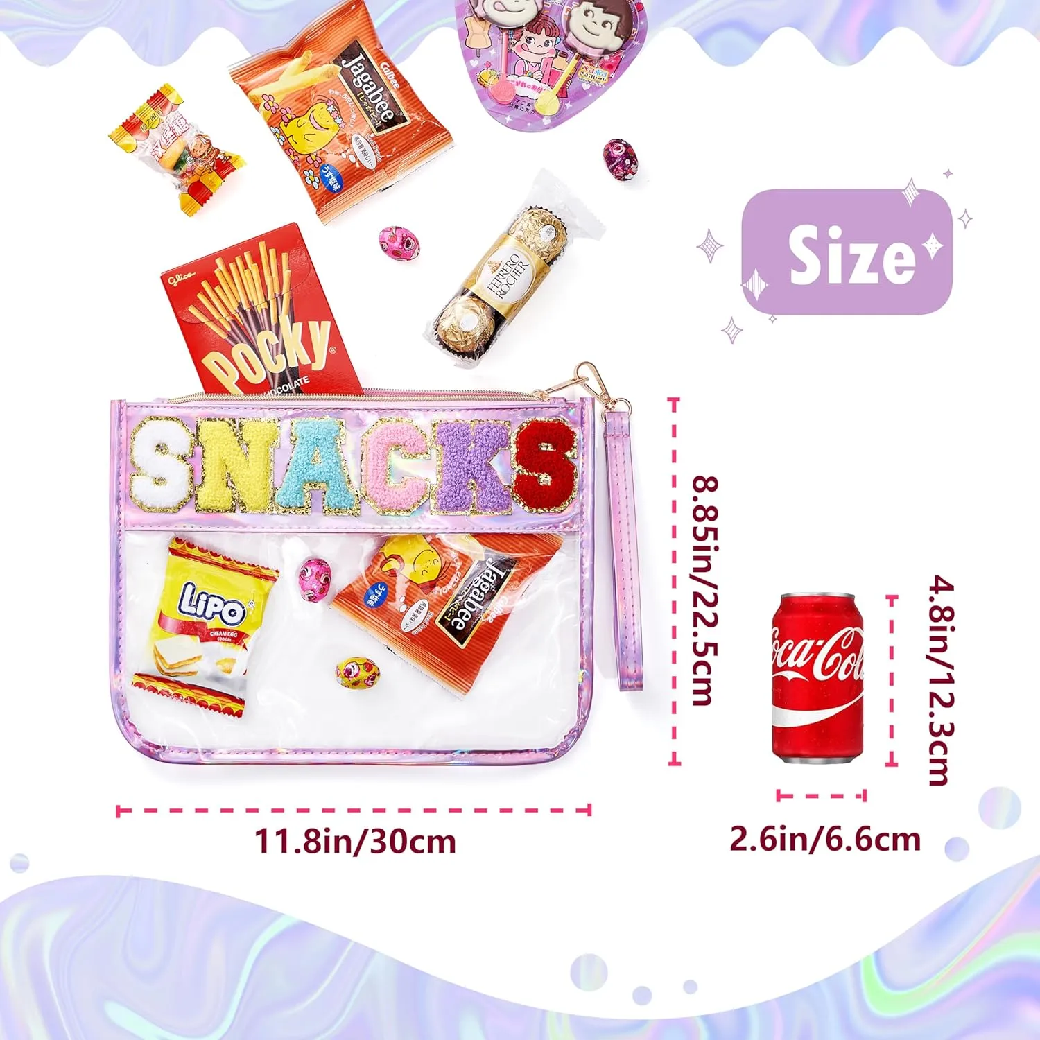Snack Bag for kids,Clear Snack Pouches for Travel,Chenille Letter Bag,Holographic PU Leather Bags for Women Girls,Cute (Blue)