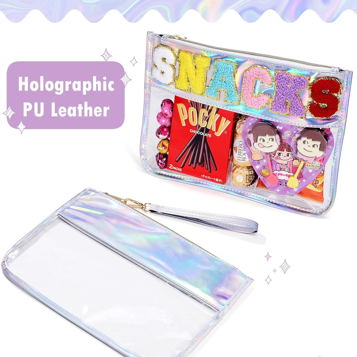 Snack Bag for kids,Clear Snack Pouches for Travel,Chenille Letter Bag,Holographic PU Leather Bags for Women Girls,Cute (Blue)