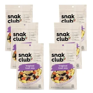 Snak Club Tropical Trail Mix with Peanuts, Dried Papaya, Raisins, Banana Chips, Dried Pineapple, Coconut Chips, and Almonds, Gluten-Free and Kosher Snack, 6.75 oz Resealable Bags, 6 Pack