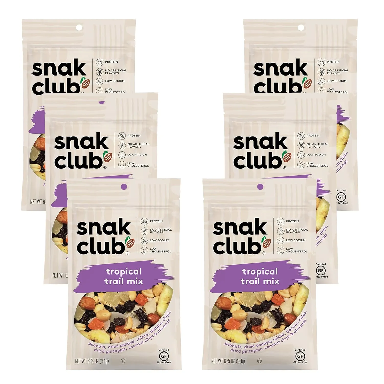 Snak Club Tropical Trail Mix with Peanuts, Dried Papaya, Raisins, Banana Chips, Dried Pineapple, Coconut Chips, and Almonds, Gluten-Free and Kosher Snack, 6.75 oz Resealable Bags, 6 Pack