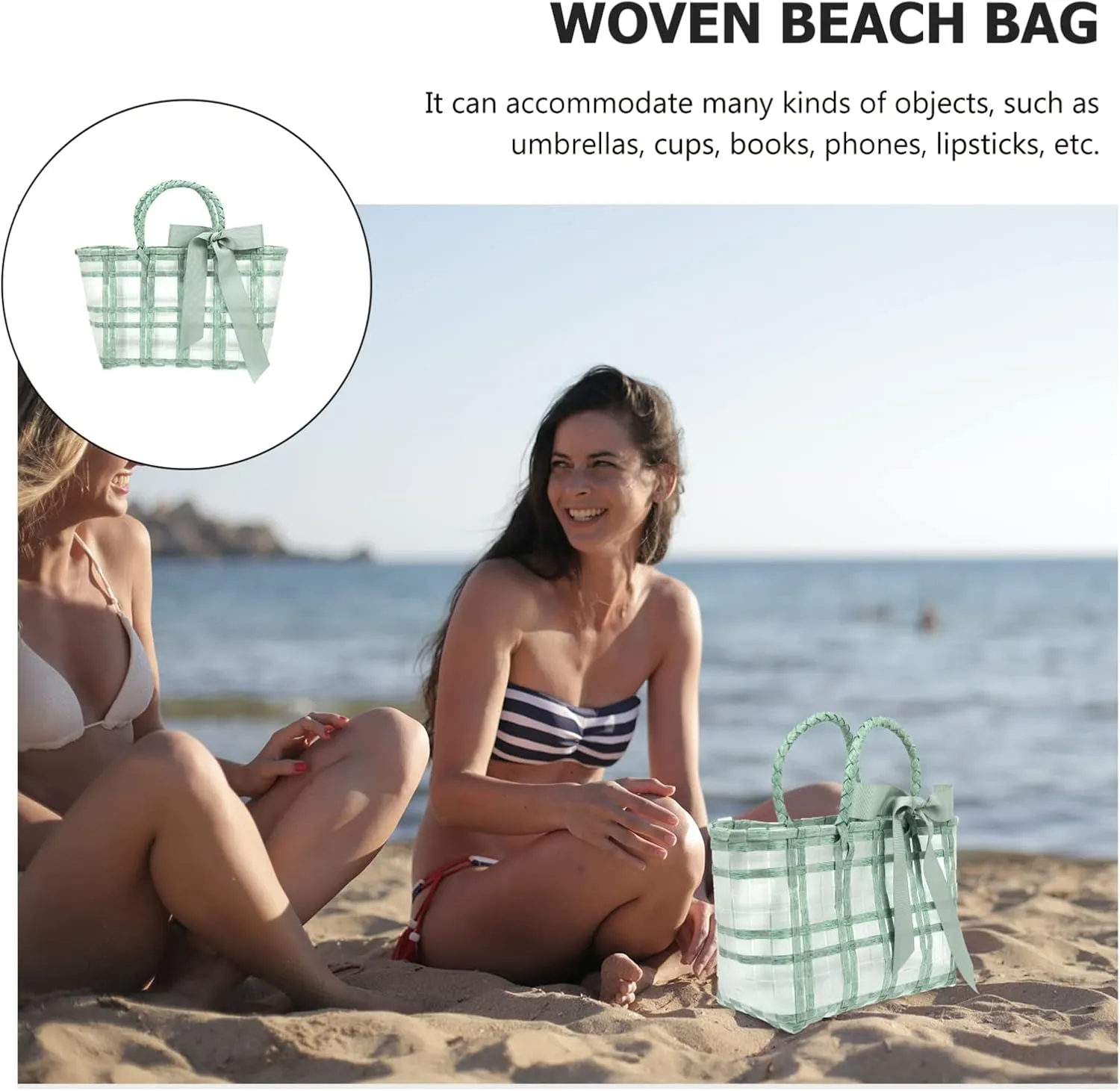 SOIMISS Woven Beach Tote Bag Transparent Storage Bag for Women Lightweight Summer Handbag with Comfortable Handle for Outdoor Leisure and Travel