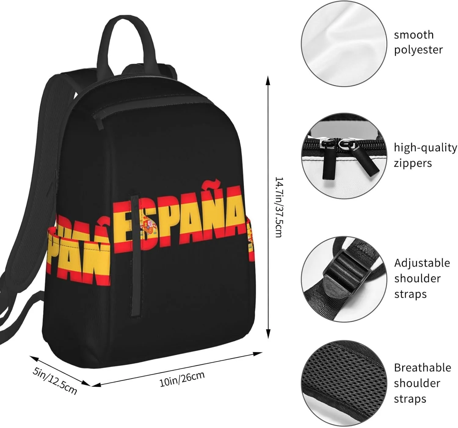 Spain Spanish Espana Flag Casual Laptop Backpack Travel Rucksack Sports Daypack Adjustable Strap Bags with Multi-Pockets for Working Running Camping