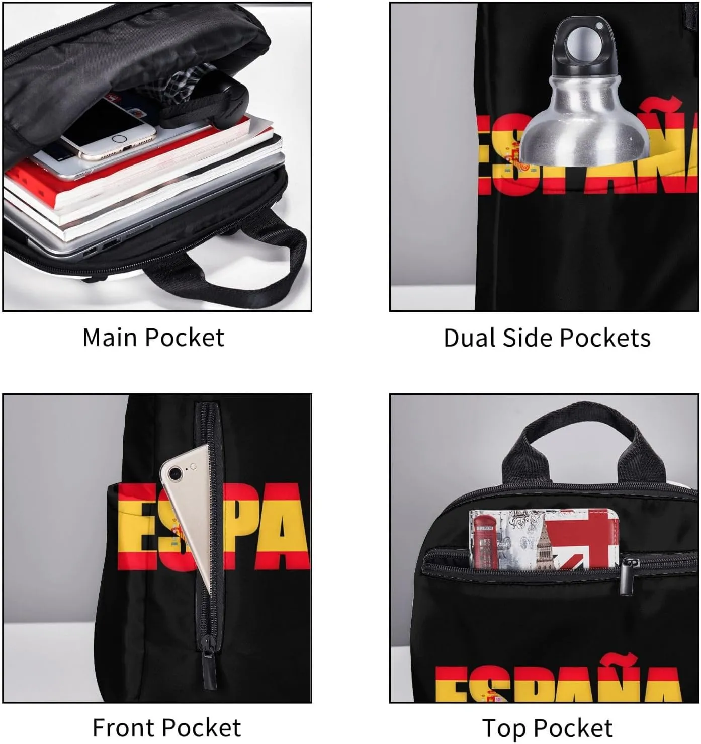 Spain Spanish Espana Flag Casual Laptop Backpack Travel Rucksack Sports Daypack Adjustable Strap Bags with Multi-Pockets for Working Running Camping