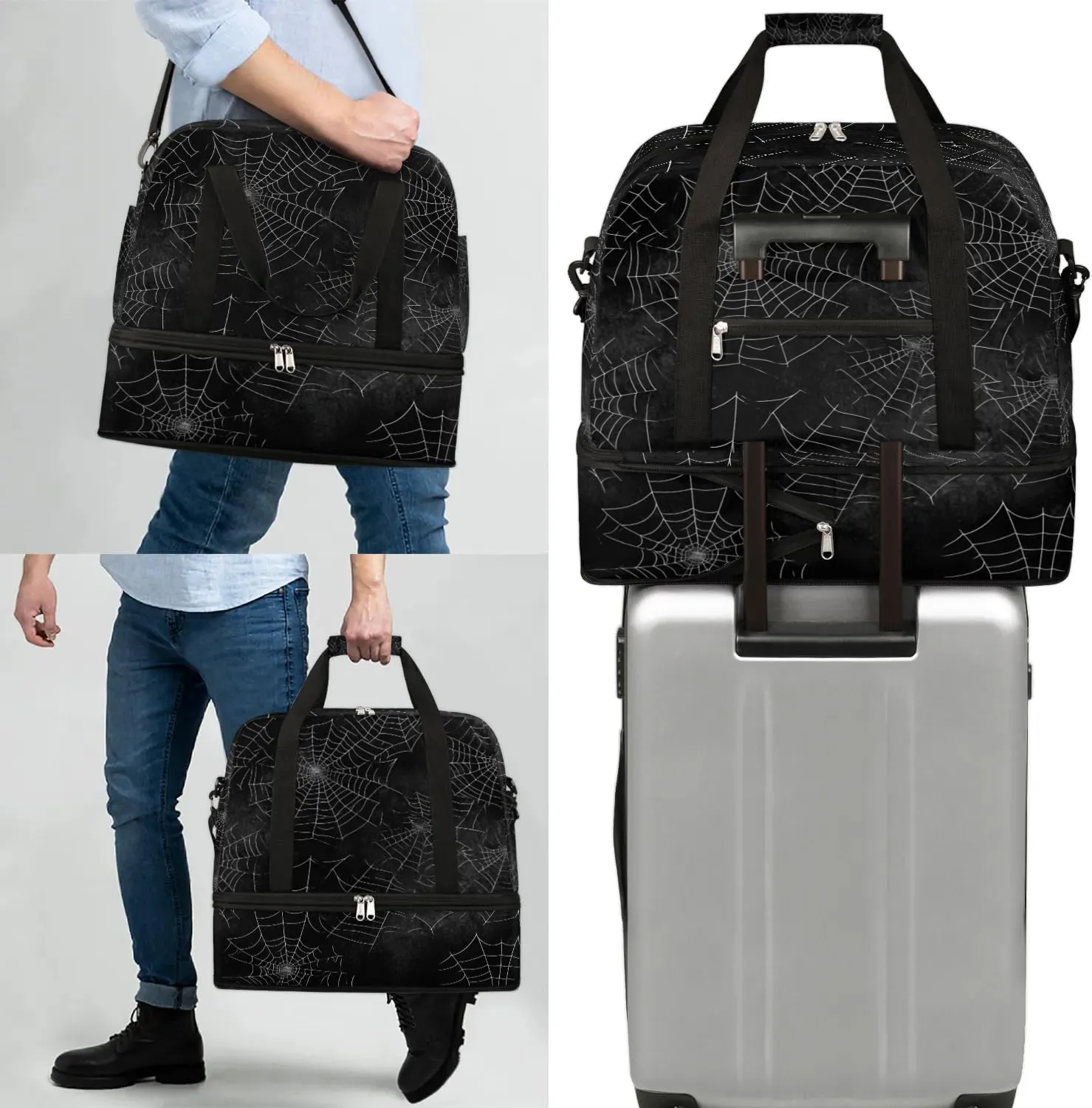 Sports Duffel Bag, Foldable Halloween Travel Duffel Bag, Gym Yoga Beach Bag Weekender Overnight Bag with Shoes Compartment for Men Women, Spider Web Black Halloween