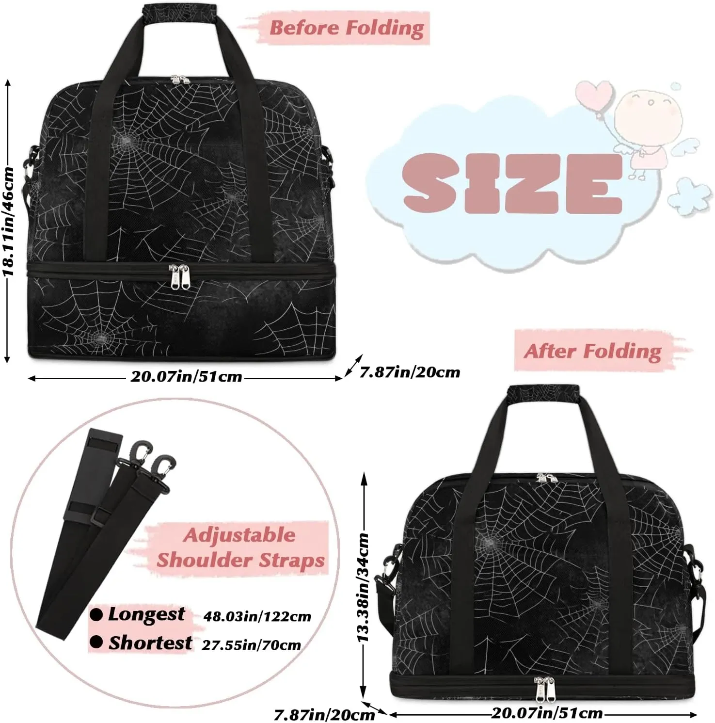 Sports Duffel Bag, Foldable Halloween Travel Duffel Bag, Gym Yoga Beach Bag Weekender Overnight Bag with Shoes Compartment for Men Women, Spider Web Black Halloween