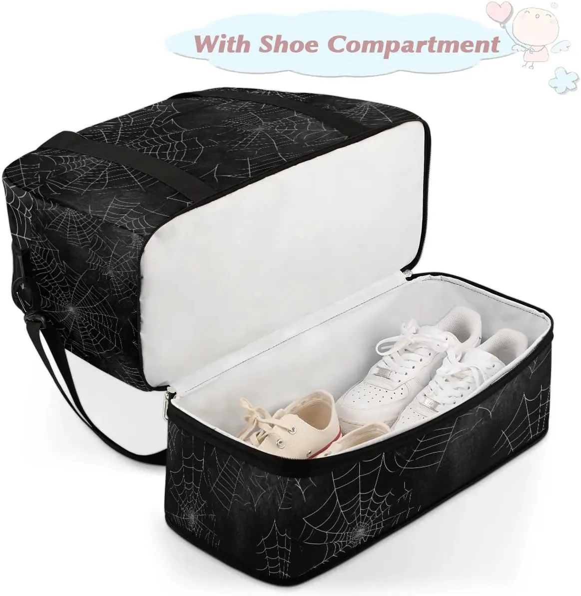 Sports Duffel Bag, Foldable Halloween Travel Duffel Bag, Gym Yoga Beach Bag Weekender Overnight Bag with Shoes Compartment for Men Women, Spider Web Black Halloween