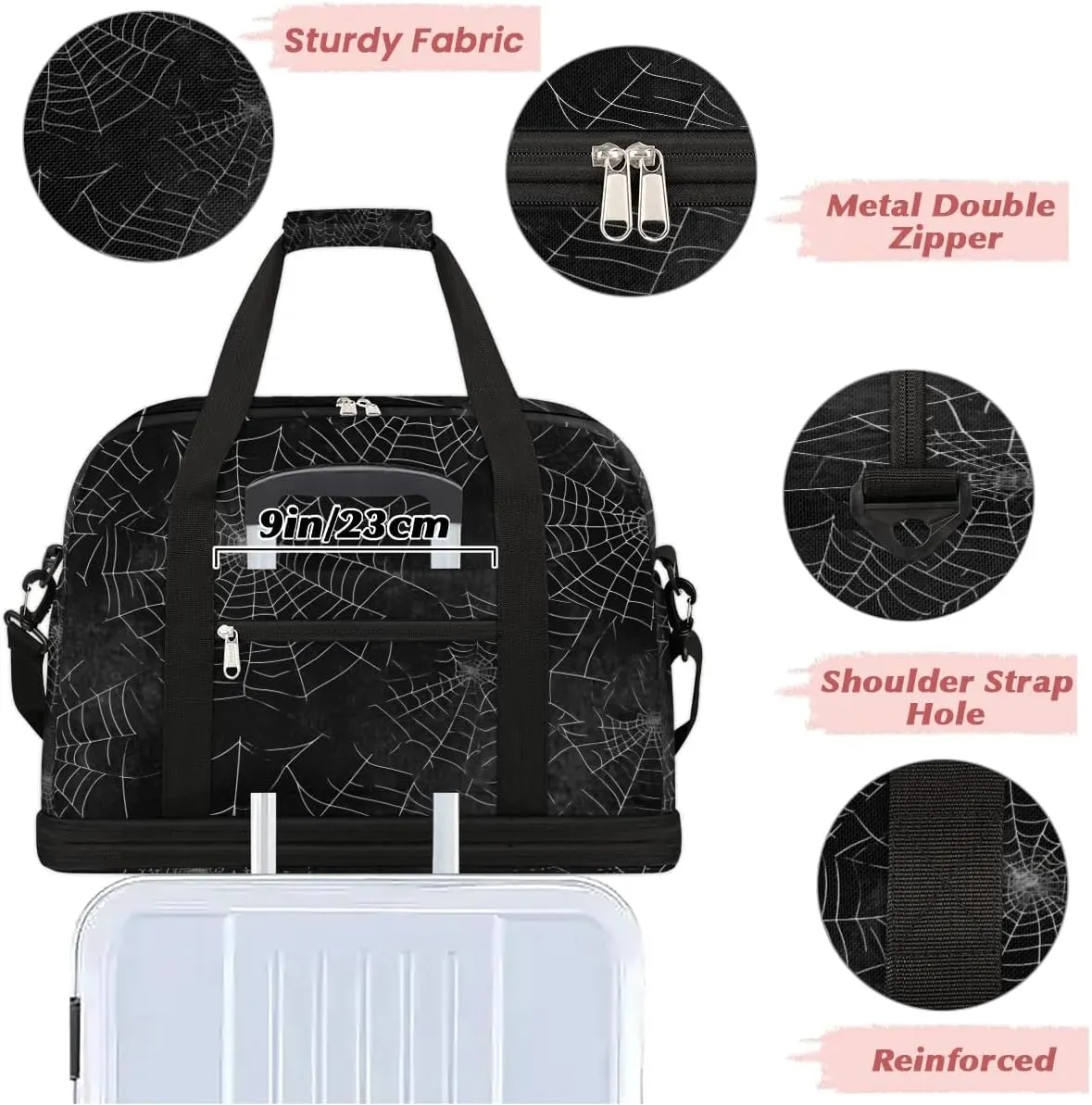 Sports Duffel Bag, Foldable Halloween Travel Duffel Bag, Gym Yoga Beach Bag Weekender Overnight Bag with Shoes Compartment for Men Women, Spider Web Black Halloween